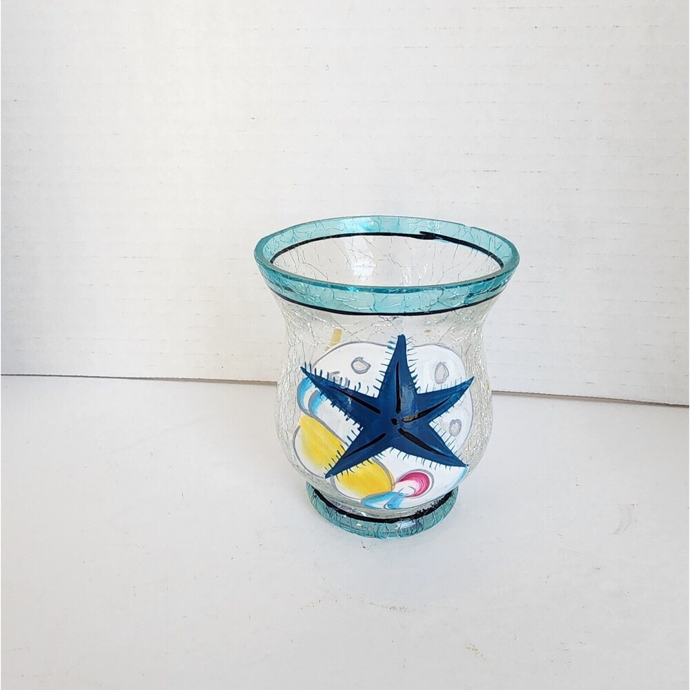 Nautical Starfish Crackled Crackle Glass Candle Holder Hand Painted